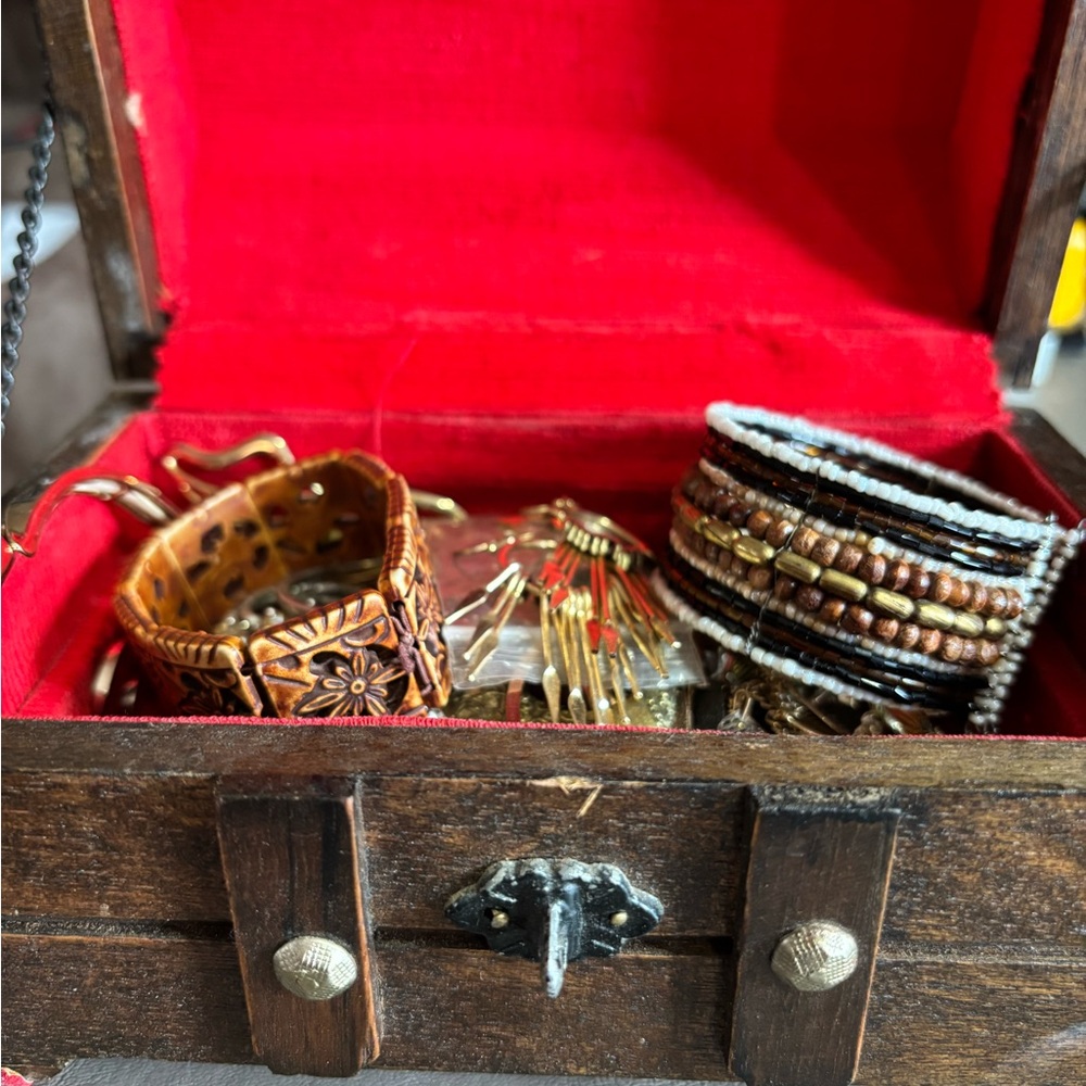 Costume Jewelry Lot & Wooden Box